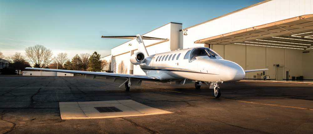 AirSprint front side view of CJ3+ plane in Wichita