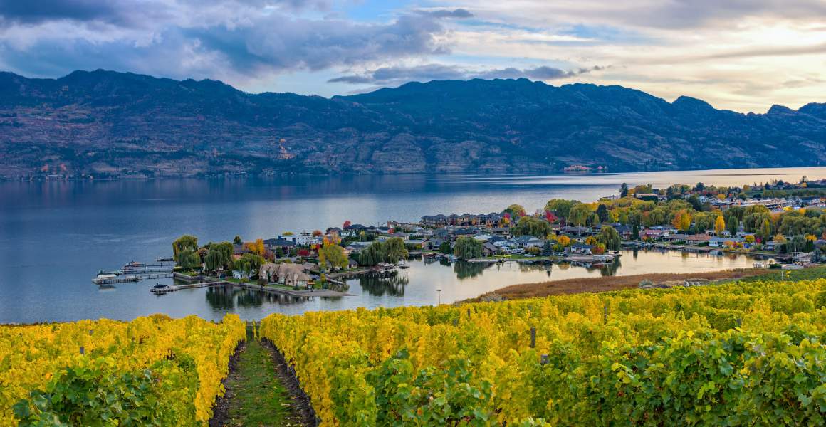 Aerial Shot Of Kelowna BC, Okanagan Valley, Wine Country